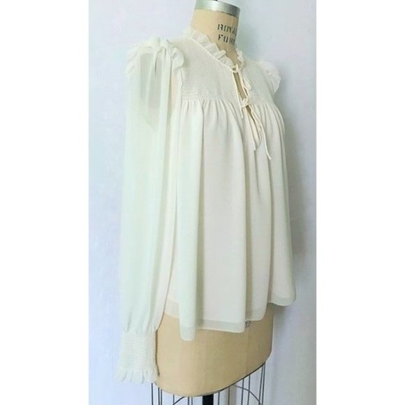 ARITZIA WILFRED CREAM SMOCKED LACE-UP RUFFLE BLOUSE M NWT - Picture 7 of 15